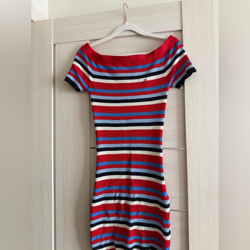 Tommy Hilfiger Red, Blue, Black & White Striped Ribbed Knit Dress